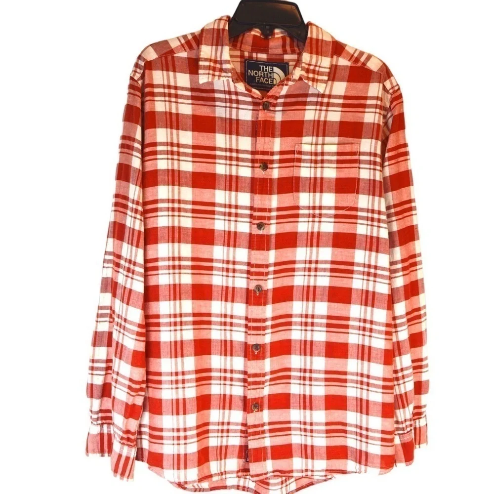 The North Face Men’s Linen Blend‎ Red Plaid Long Sleeve Button Down Shirt, Large